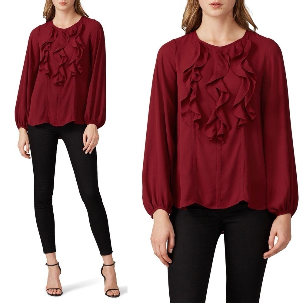 PRABAL GURUNG Burgundy Chiffon Ruffle Front Jewel Neck Puff Long Sleeve Blouse 6